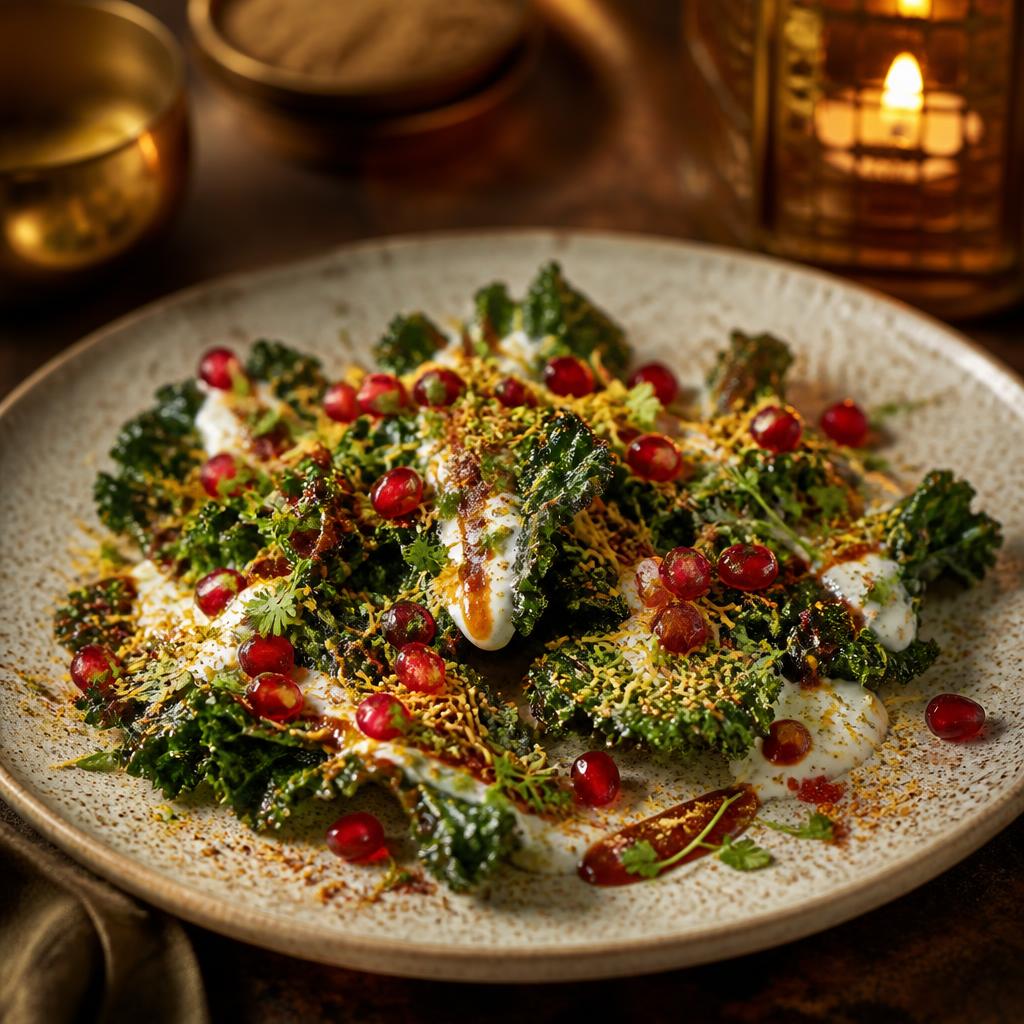 Kale Patta Chaat — crispy kale leaves with yogurt, tamarind, and pomegranate