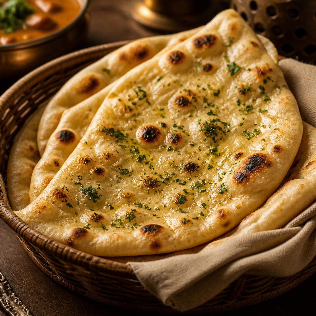 Traditional Butter Garlic Naan — blistered clay-oven bread brushed with garlic butter