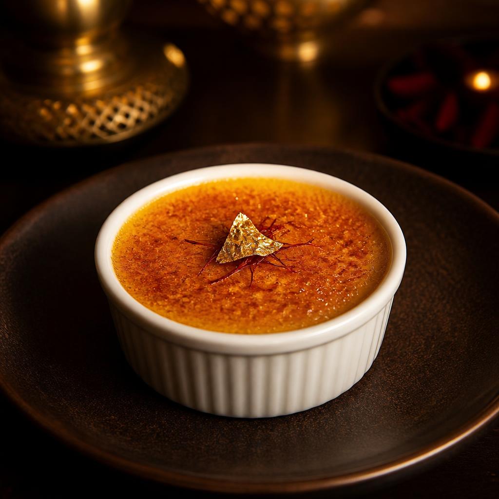 Saffron Creme Brûlée — caramelized custard with saffron, cardamom, and vanilla